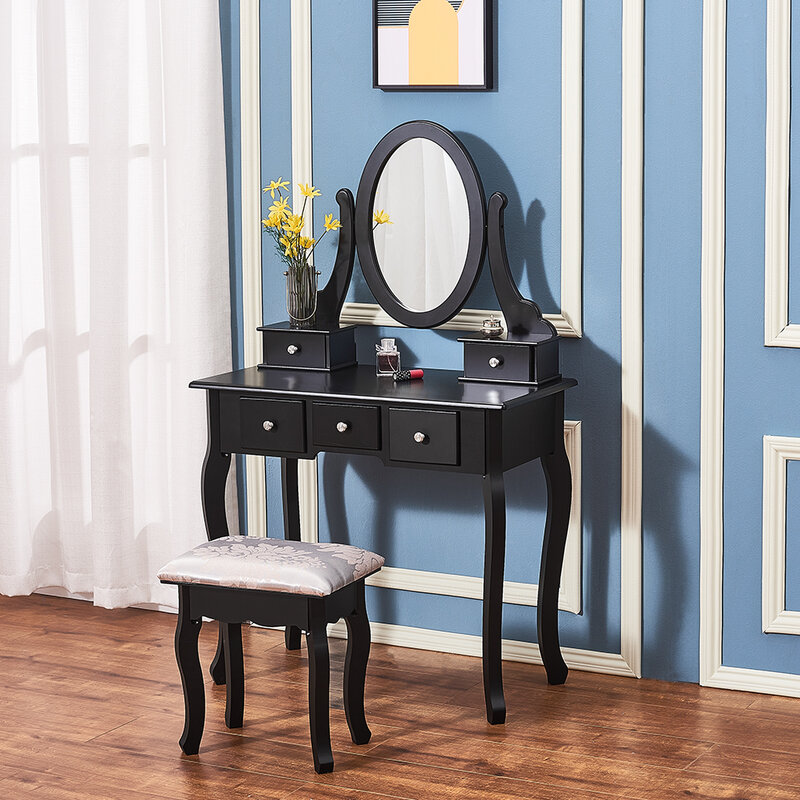 Panana Luxury Wooden Dressing Table Makeup & Stool Mirrors Jewellery Cabinet 5 Drawers 360° Spinning Mirror