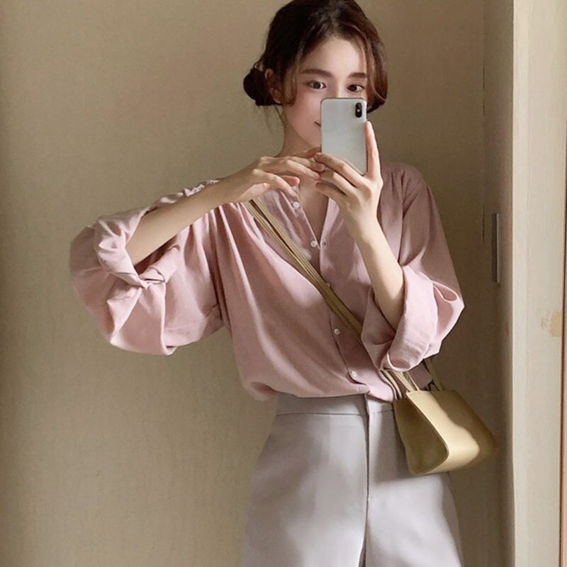 Wanita Longgar Manis Blus Spring Elegant Pink Kemeja Nyaman Lengan Panjang Wanita Korea Lembut Tipis Blus Lembut Crop Top Wanita