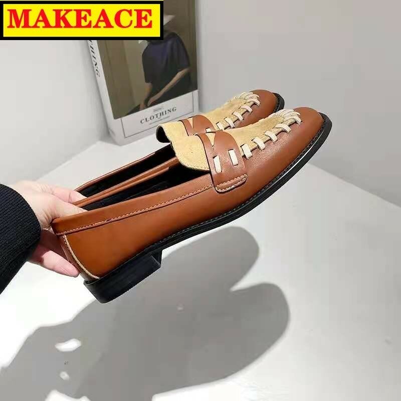 Women&#39;s Shoes 2021 Autumn New Color Women&#39;s Flat Shoes Leather Loafers Square Toe Oxford Shoes Recreational Sports Women&#39;s Shoes