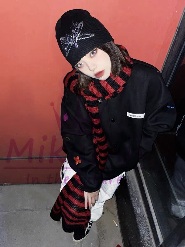Mikumn 하라주쿠 펑크 패션 그레이 레드 블랙 스트라이프 스카프, 소녀 겨울 따뜻한 니트 스카프, 스트리트웨어