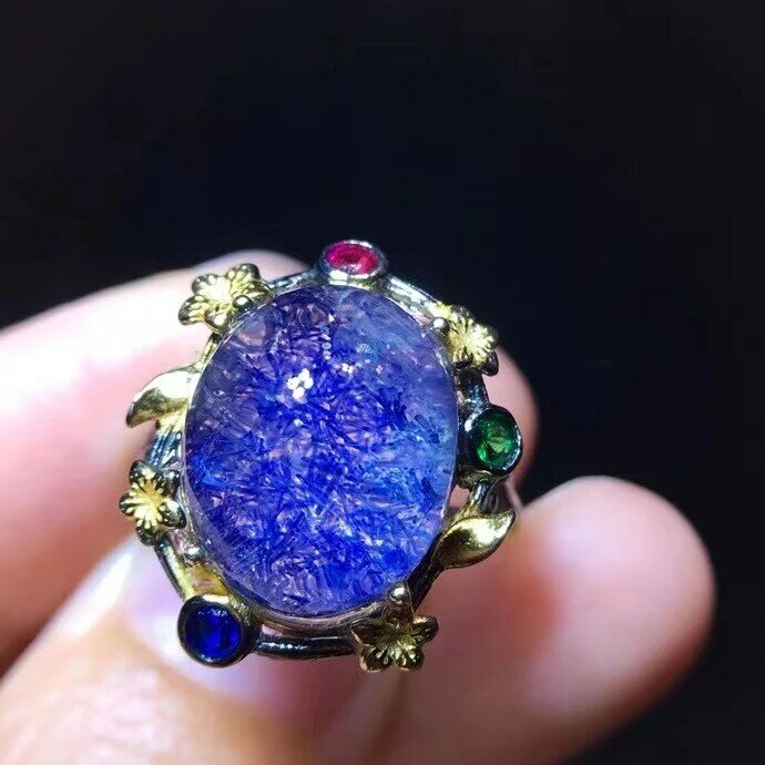 Natural azul dumortierite rutilated quartzo grande anel 14/11.3mm cristal prata ajustável mulher homem retângulo jóias aaaaa