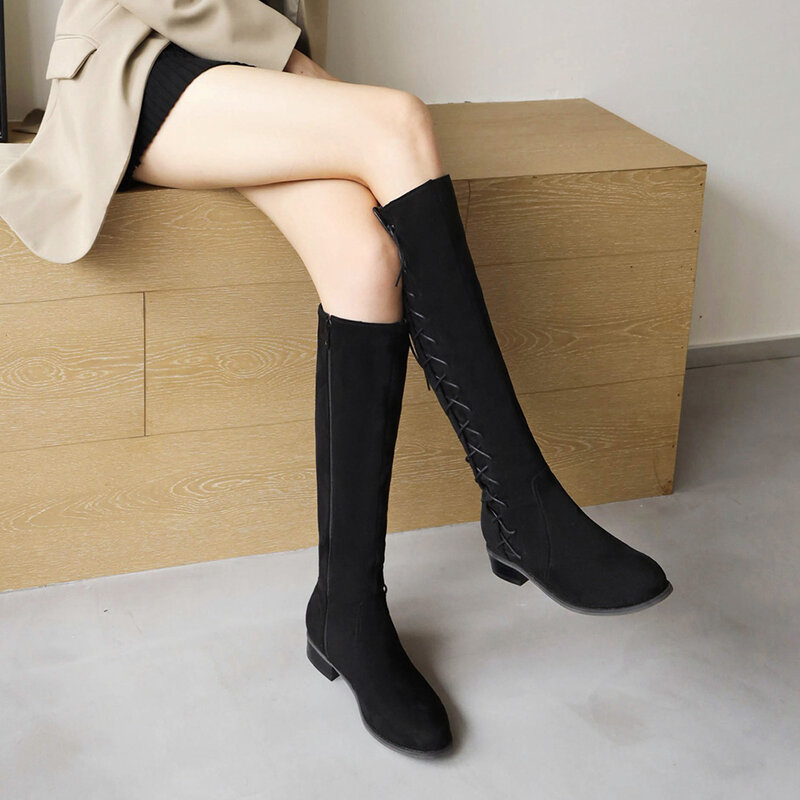 New Women's Long Boots Women Autumn Round Toe Flat Bottes Woman Knee High Riding Boots Female Western Nude Cross Strap Boot 43