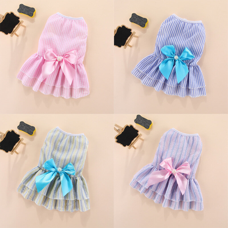 Dog clothes vertical striped butterfly skirt pet cats and dogs spring and summer thin style fighting Teddy Pomeranian costume