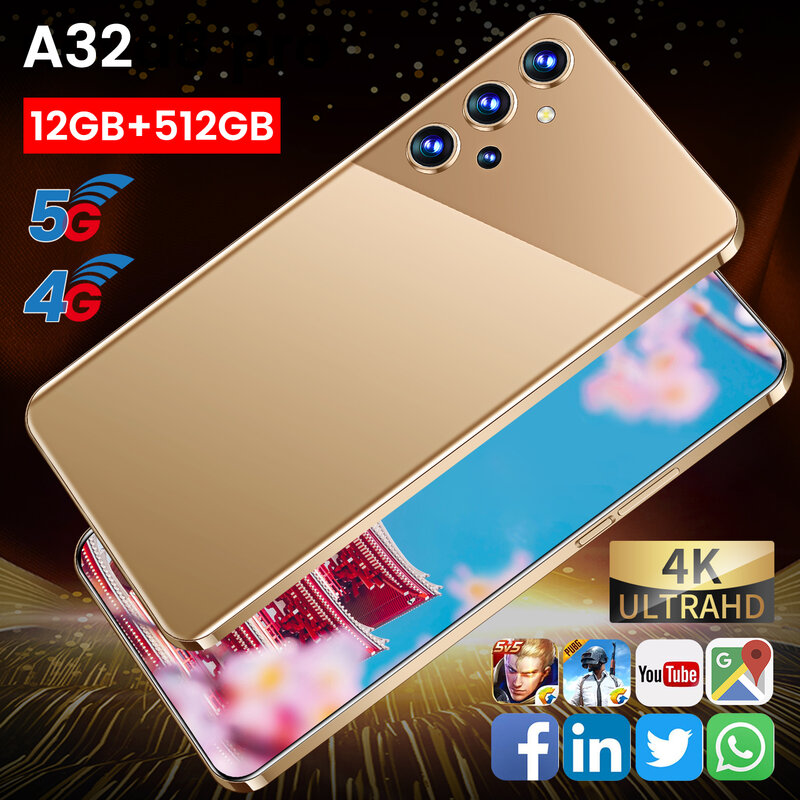 Teléfono Inteligente Galaxy A32 versión Global, 12 + 512GB, MTK6889, 10 núcleos, identificación facial, Android 10,0, 6000mAh, Batería grande de 24 + 50MP, 5G