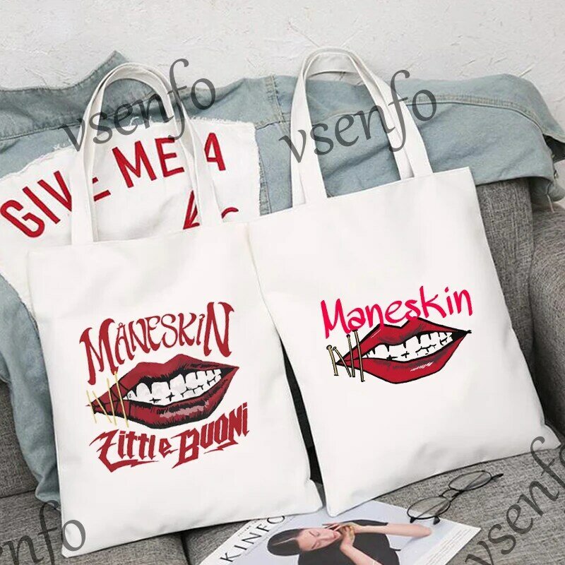 Maneskin – sac à bandoulière en toile pour femmes, fourre-tout en tissu imprimé Rock Roll Books, grands sacs d'acheteurs écologiques, sac à main réutilisable pour le Shopping