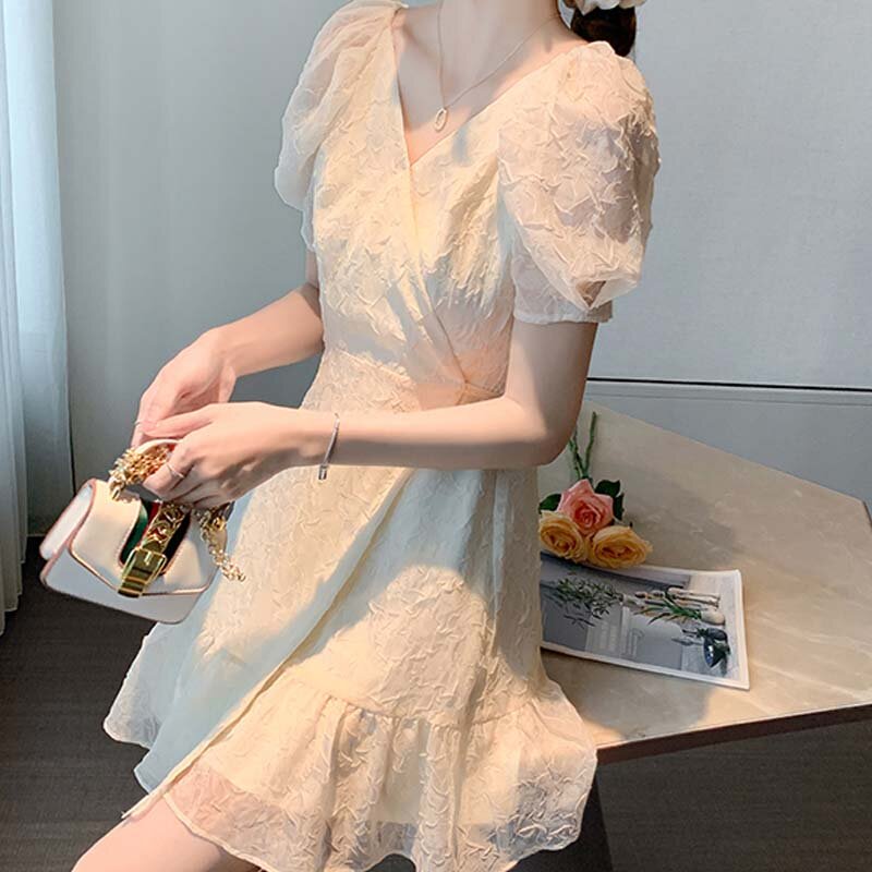 Francês do vintage elegante doce chiffon mini vestido para as mulheres puff manga retro v-neck vestidos senhora escritório vestido casual 2021 verão