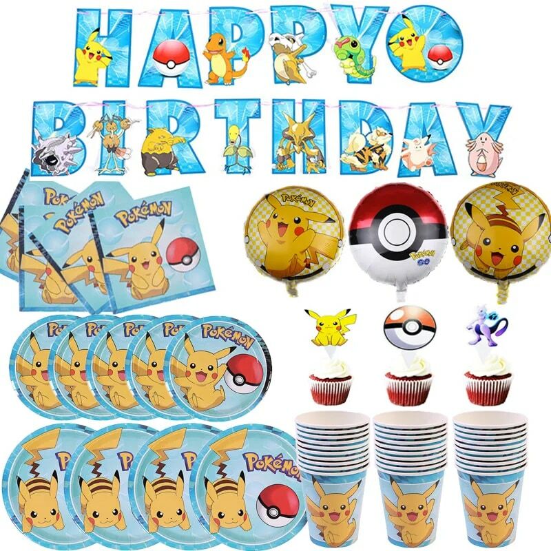 TAKARA TOMY-Conjunto de vajilla para fiesta de cumpleaños, Set de decoración desechable de dibujos animados de Pokemon, vasos de papel, platos de papel, suministros para fiesta para niños
