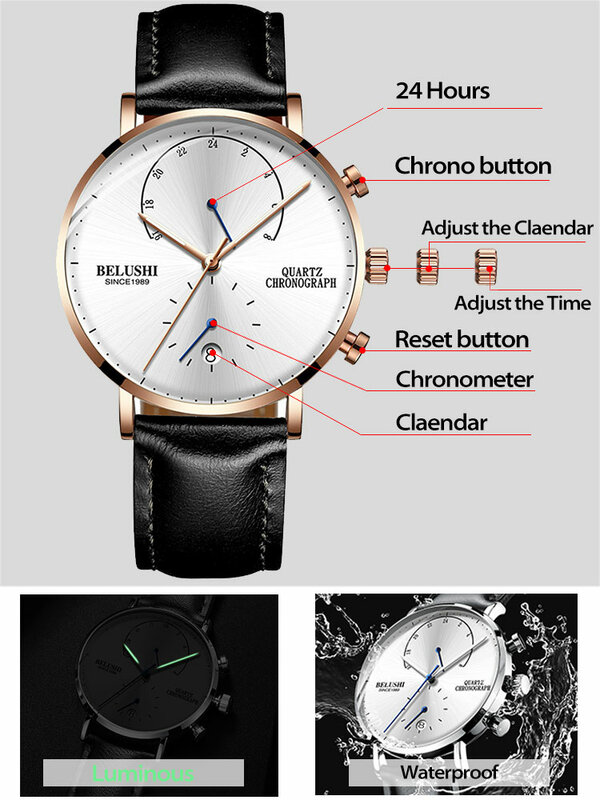 Belushi relógios masculinos 2021 relógio cronógrafo de luxo para homem quartzo relógios de pulso masculino pulseira de couro à prova dwaterproof água relógios masculinos