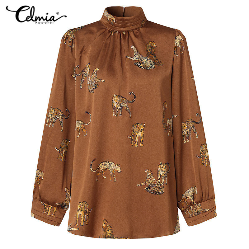 2021 damskie satynowe bluzki Celmia Plus rozmiar jesień elegancka, długa koszulka z długim rękawem modna stójka bluzki w stylu Casual, z nadrukami Blusas Femme