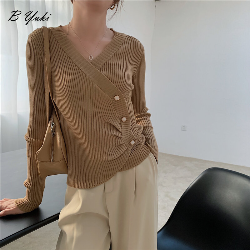 Blessyuki Irregular V-neck Knitted Pullovers Sweater Women Casual Vintage Solid Button Sweaters Female Fashion Slim Thin Jumper