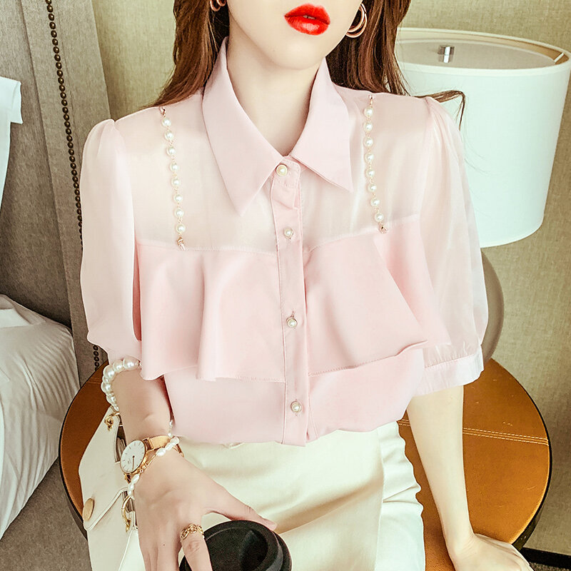 Chiffon Vintage Tops Korean version 2021 Summer New pearl chain Ruffled Stitching Beading Thin Shirt Woman Half Sleeve 225F