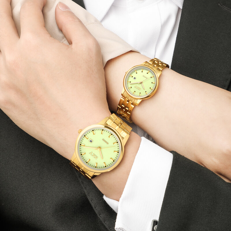 Relógio kky de quartzo dourado para casal, relógio clássico luxuoso de marca kky dourado à prova d'água para amantes de festa 2021, novo, criativo e vintage