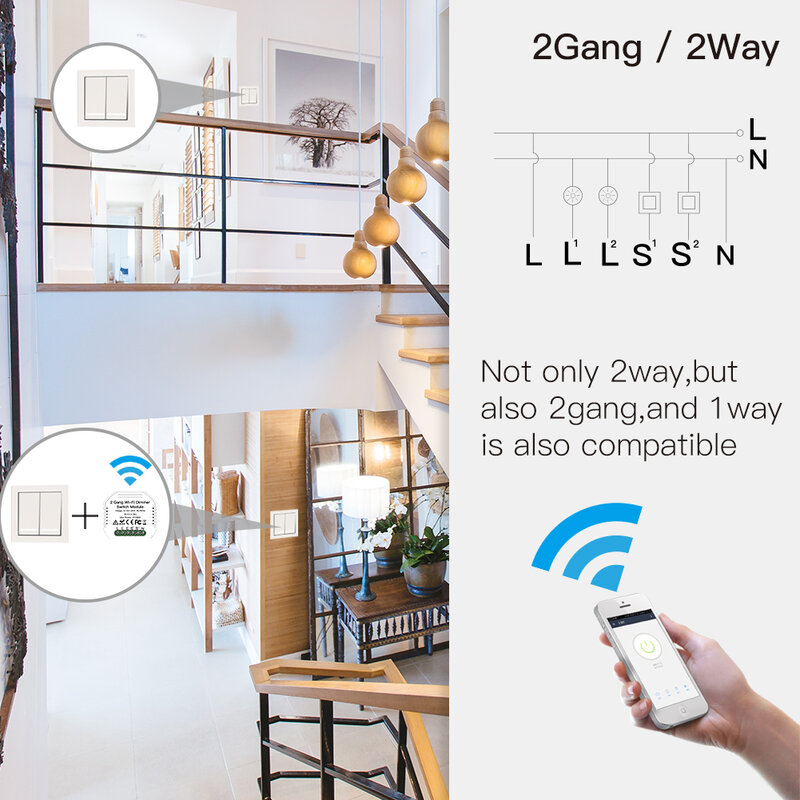 2 Gang DIY WiFi Smart 2 Way Light LED Dimmer Module Switch Smart Life/Tuya APP Remote Control Work with Alexa Google Home