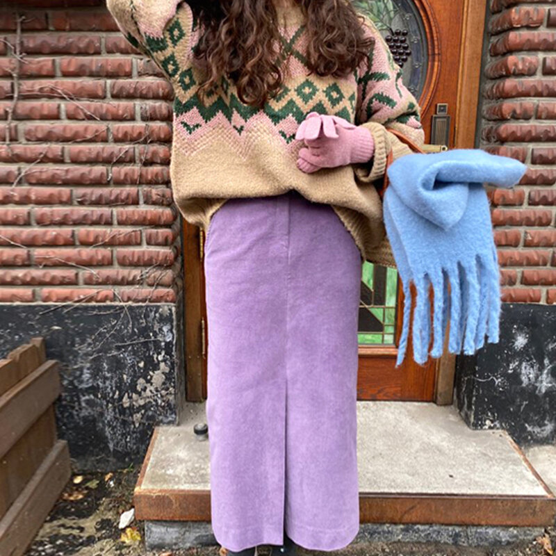 Korejpaa-복고풍 여성 투피스 세트, 세련된 기하학 라운드넥 긴 소매 니트 스웨터 + 허리가 높은 바디콘 스플릿 스커트, 가을