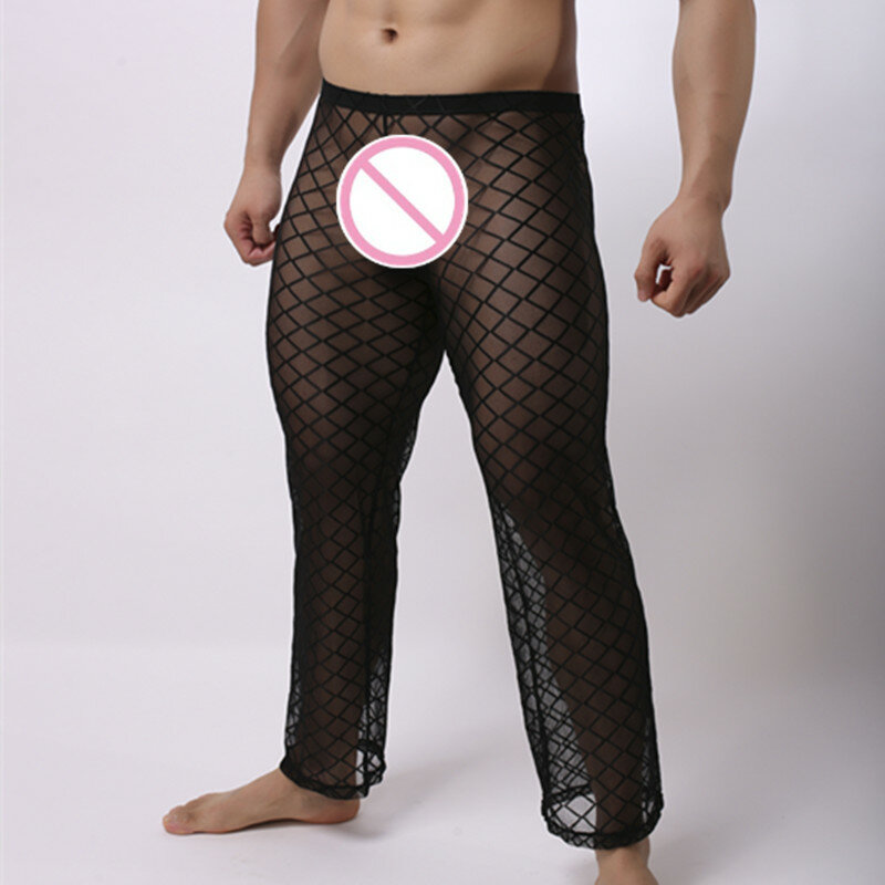 แฟชั่นกริด Fishnet เซ็กซี่ดูผ่านกางเกงเกย์ชายตลก Sheer ยาว Pajama กางเกงนอนสบายสบาย