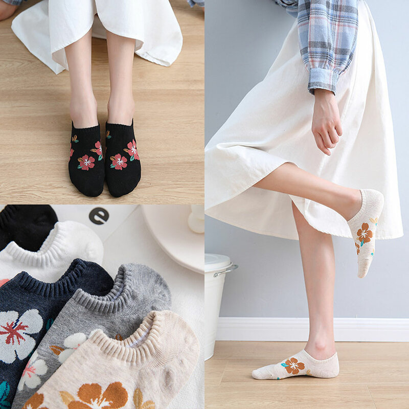 Meias curtas femininas kawaii, 5 pares, branco, floral, do tornozelo, invisível, divertida, estilo coreano