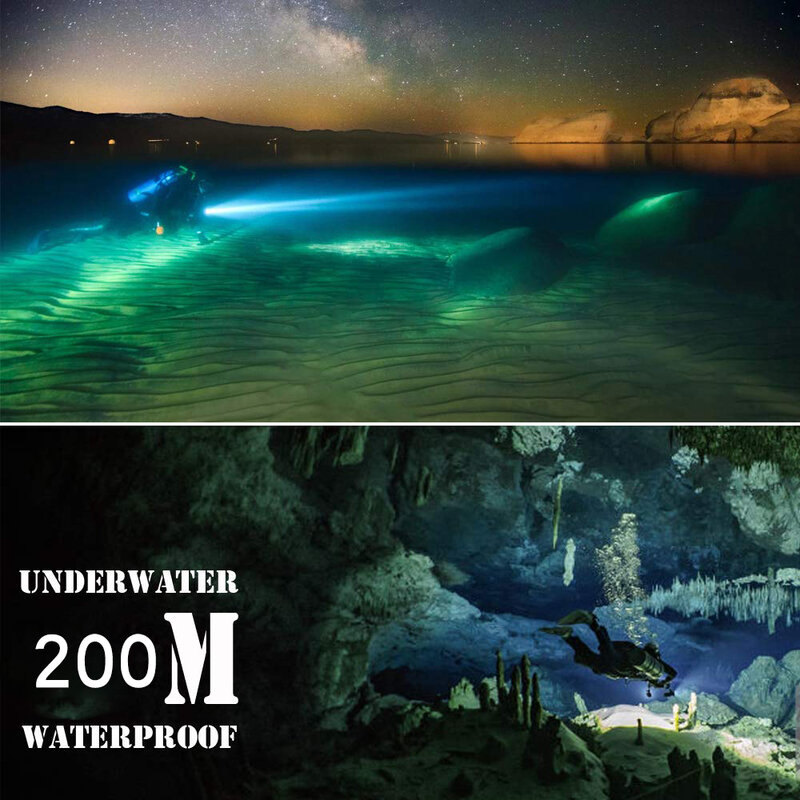 Super brilhante 20000lm mergulho lanterna ip8 classificação à prova dwaterproof água profissional luz alimentado por 18650 bateria com corda de mão