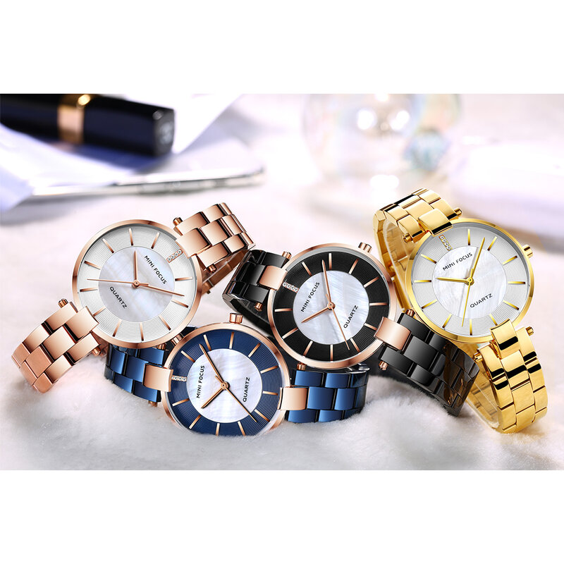 MINI FOCUS นาฬิกาผู้หญิง Minimalist แฟชั่นดีไซน์แบรนด์สุดหรูคริสตัล Rose สแตนเลสทองกันน้ำ Часы Женские