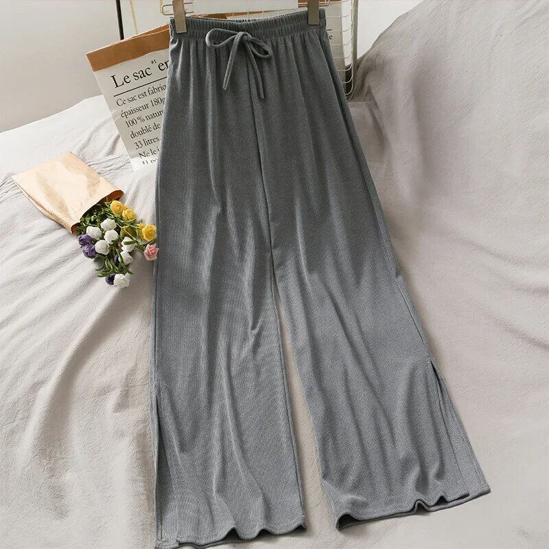 Hong Kong Style Retro Loose Slimming Thin Knitted Slit Wide Leg Pants for Women 2021 Summer Drawstring Lace High Waist Straight