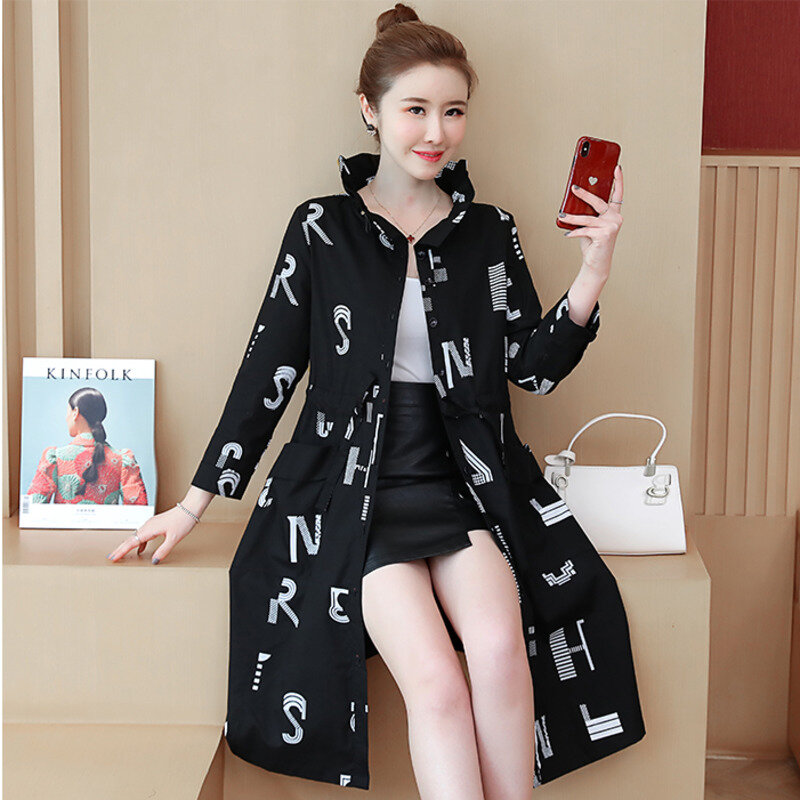 Plus Size Clothes Trench Long Windbreaker Coat Women 2021 Spring Elegant Stand Collar Letter Loose Ladies Outerwear With Sashes