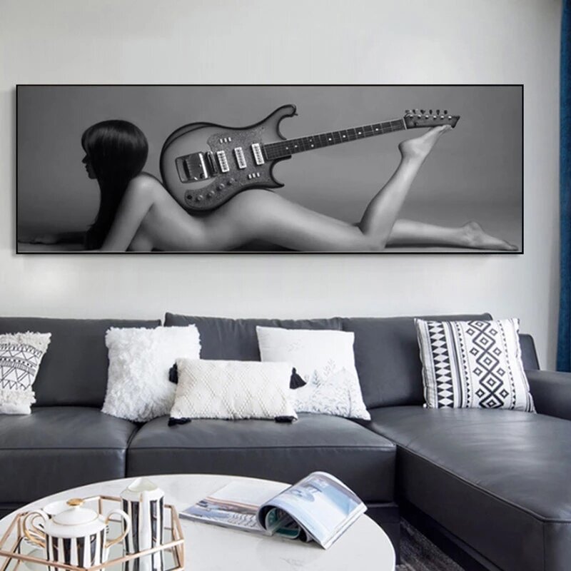 رمادي مثير امرأة عارية مع الغيتار قماش اللوحة الملصقات و يطبع جدار الفن الحديثة عارية صورة فتاة ديكور المنزل لا الإطار