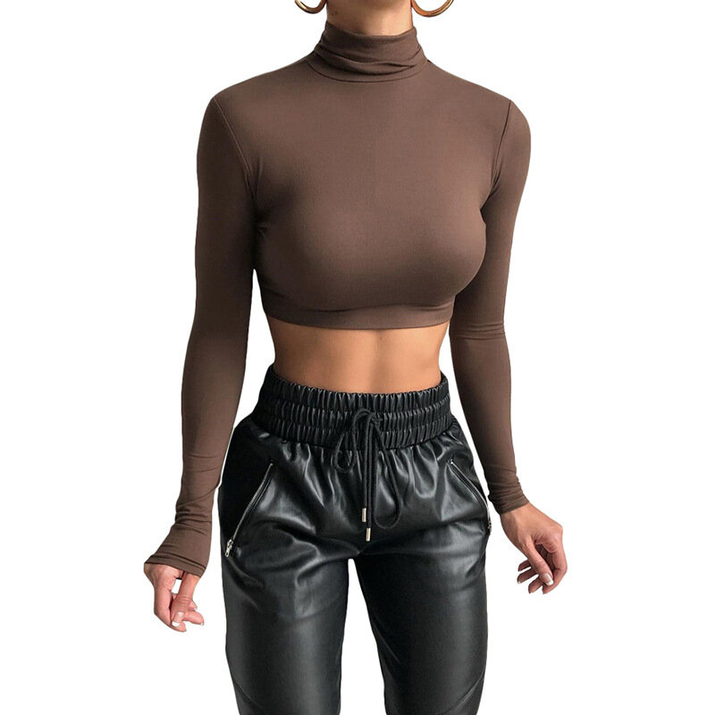 Camiseta de manga larga para mujer, blusa sexy ajustada de color sólido con ombligo abierto, ropa para mujer 2021