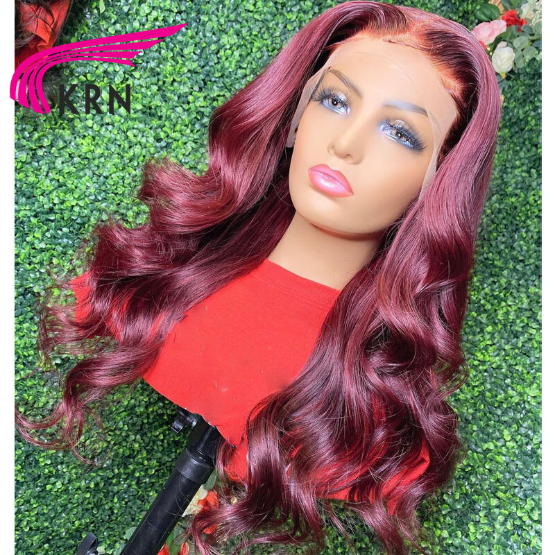 KRN 99J Red Burgundy 180% Density Remy Brazilian Human Hair With Baby Hair Wavy Wig 13x4 Lace Front Wigs For Women Hair Wigs