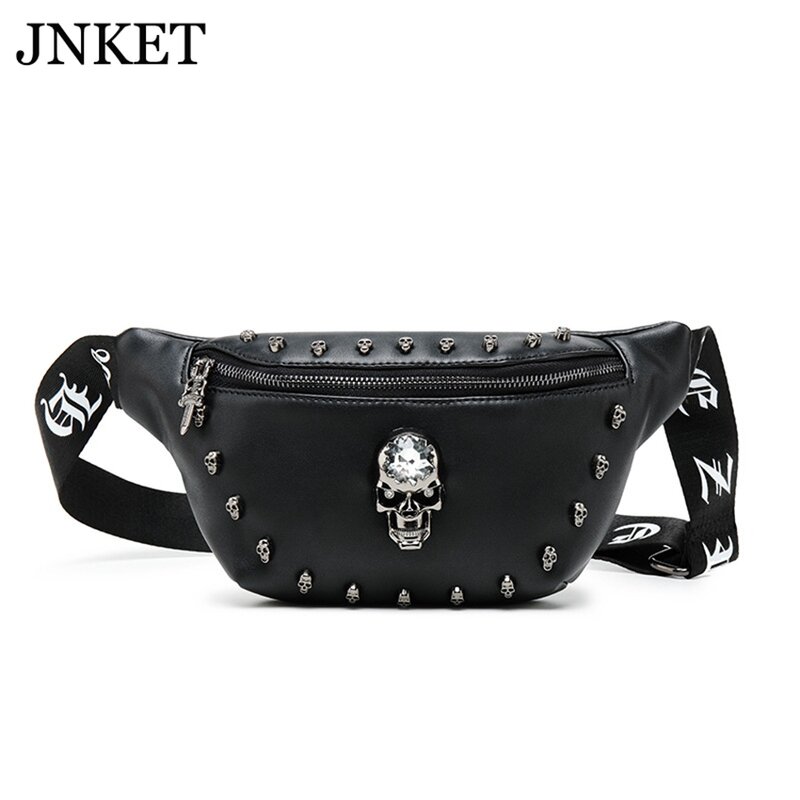 JNKET New Men's Chest Bag PU Leather Skull Shoulder Bag Multifunctional Sling Bag Crossbody Bags