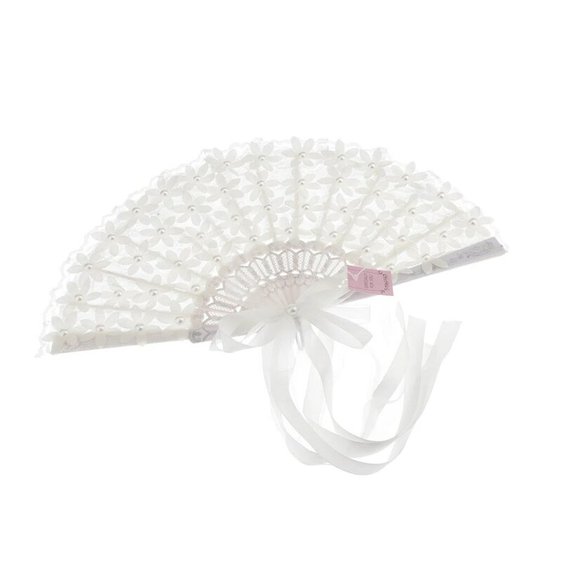 Cotton Lace Folding Handheld Fan Embroidered Bridal Hand Fan with Lace Ribbon