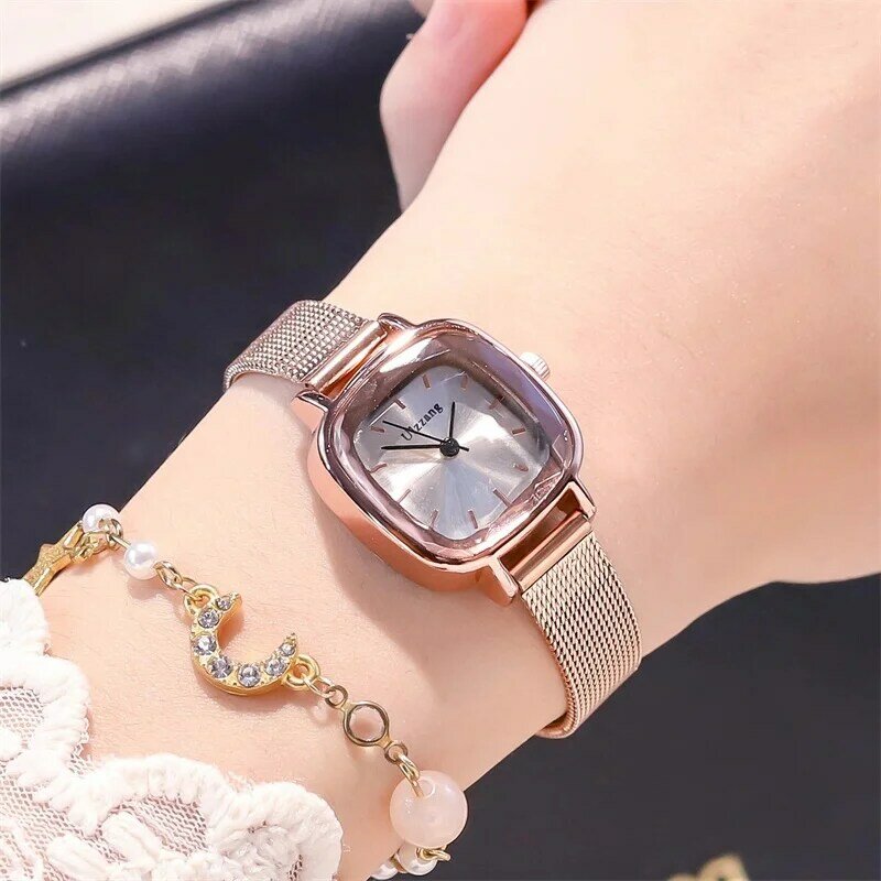 Relógio de pulso de ouro rosa feminino, relógio retrô quadrado fashion de luxo para mulheres, relógio de prata com pulseira de malha de aço