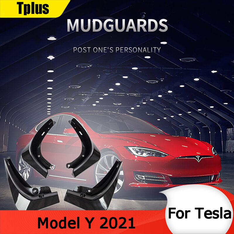 Tplus-guardabarros delanteros Y traseros para coche Tesla, accesorio de protección contra salpicaduras, ABS, fibra de carbono, 2021