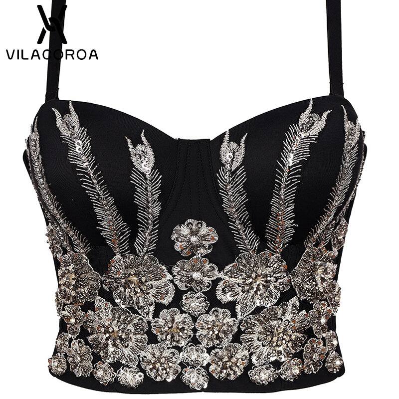 Luxury Beaded Embroidery Corset Tops Female Skinny French Retro Sling Crop Tops The Banquet Stage Shines Camis Women Sexy Vest