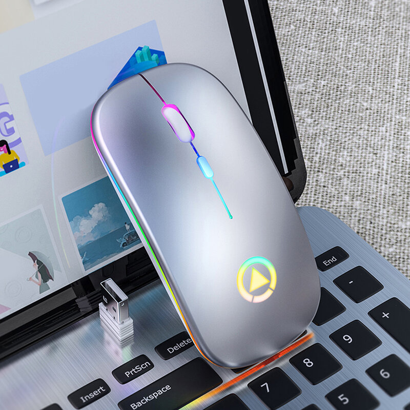 Ratón inalámbrico RGB con Bluetooth para juegos, Mouse ergonómico recargable silencioso con retroiluminado con LED USB para PC y portátil