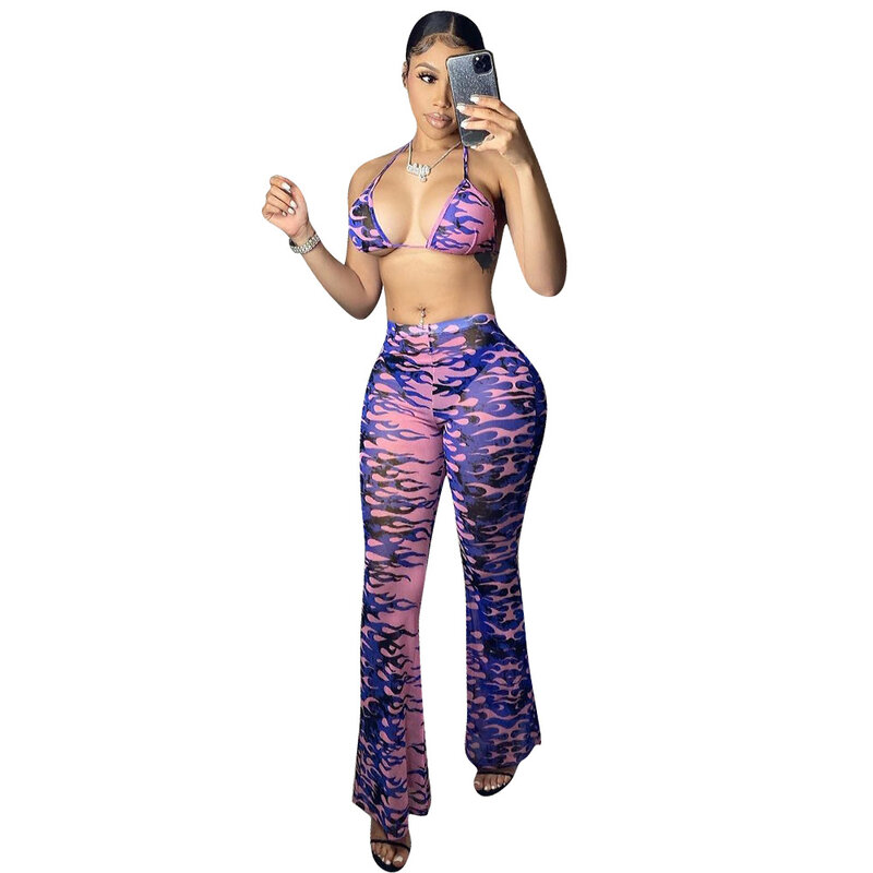 2021 Women Pants 2 Piece Set Outfits Strap Fashion Printed Lady Halter Bra Tops + High Waist Skinny Flare Pant Hottest Summer