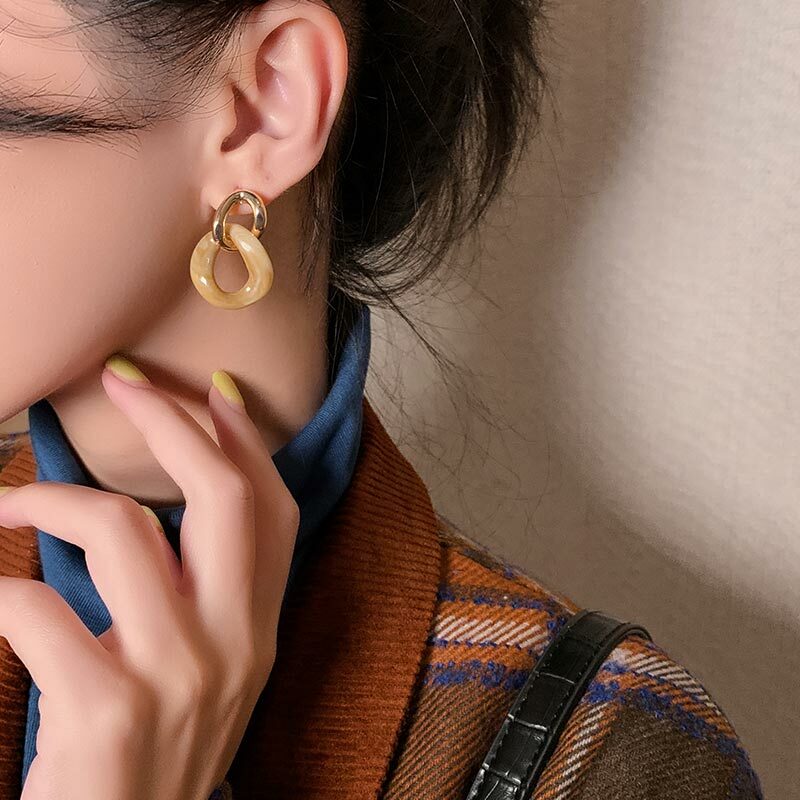 Amber Resin Double round Ring Earrings Korean Temperament Niche Net Red 925 Silver Stud Earrings Fashion Normcore Style Earrings