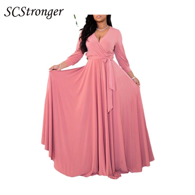 Scstronger-vestido de talla grande para mujer, vestido femenino de cintura media, Color sólido, dobladillo ancho, Túnica delgada, falda larga para mujer 2021
