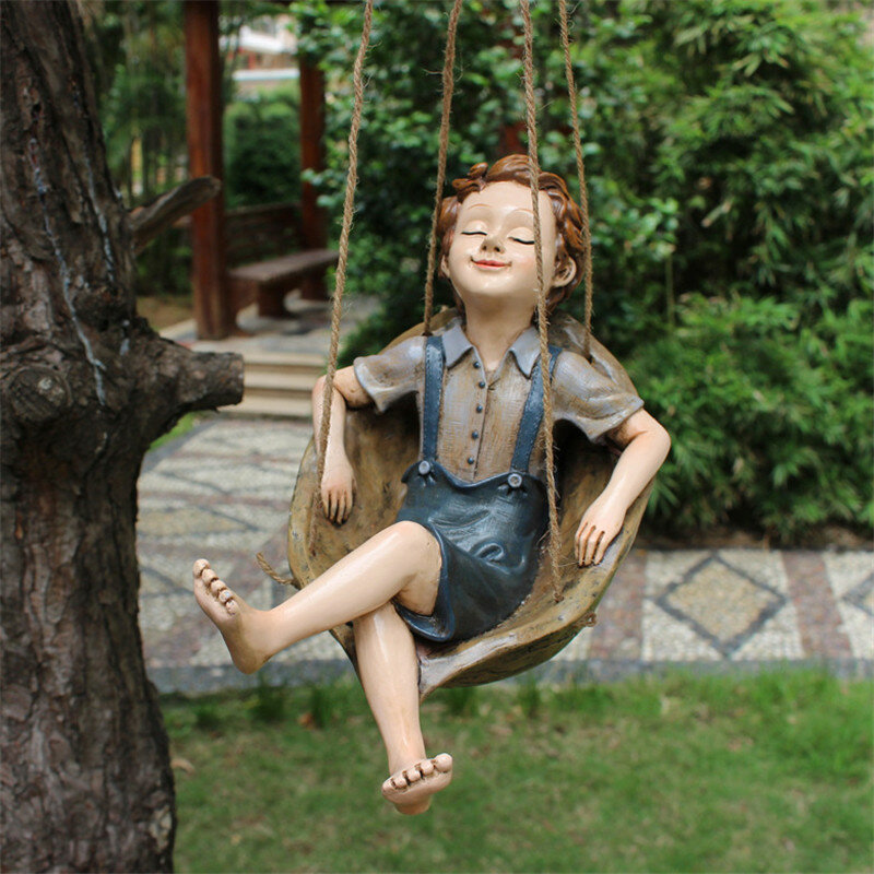 Criativo floresta balanço pendurado menino árvore decoração pingente balanço estátua interior ao ar livre resina ornamento casa jardim decoração