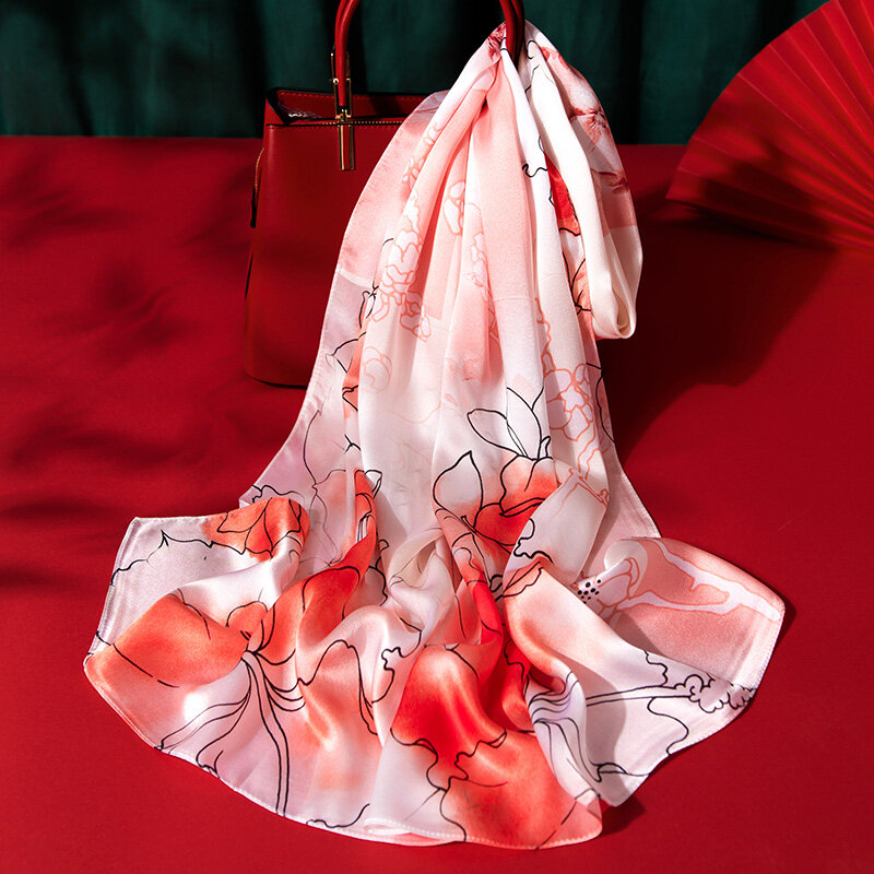 Mulheres lenço de seda pura impressão marca de luxo lenço xales foulard cetim neckscarf estilo chinês lenço de seda real 170x53cm