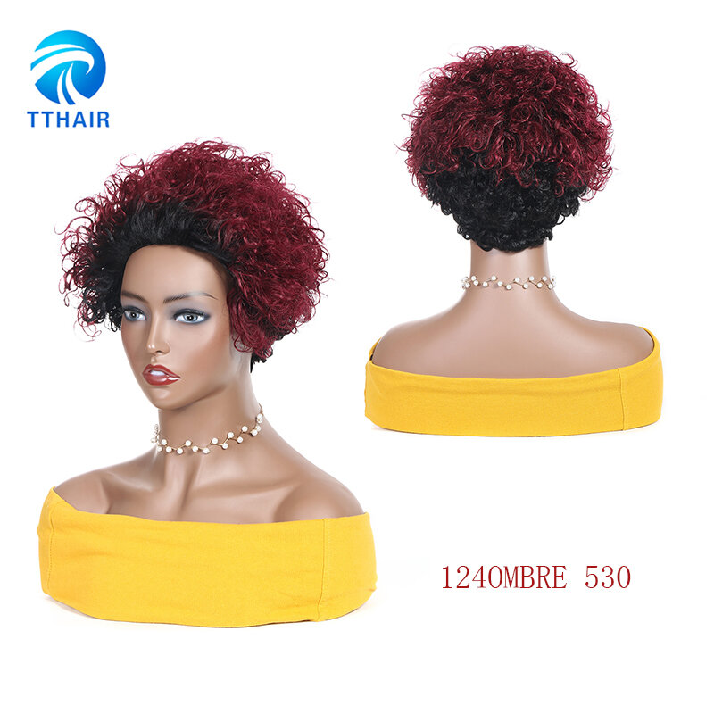 Tshair100% pelucas de cabello humano para mujeres negras, pelo Remy brasileño con flequillo, rizado Afro, ombré, 1b/27