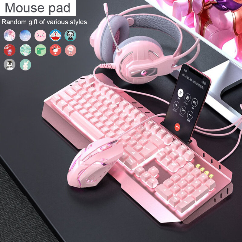 Set Keyboard dan Mouse Mekanis Asli Set Game E-sport Komputer Keyboard Metal Merah Muda Set Game Gaming Komputer Hadiah untuk Anak Perempuan