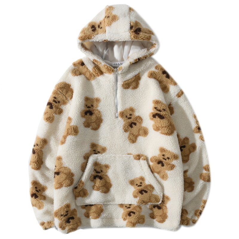 Męska zimowa sztuczna wełna ciepłe bluzy kreskówka nadruk niedźwiedzia sweter z zamkiem błyskawicznym bluza X3UE