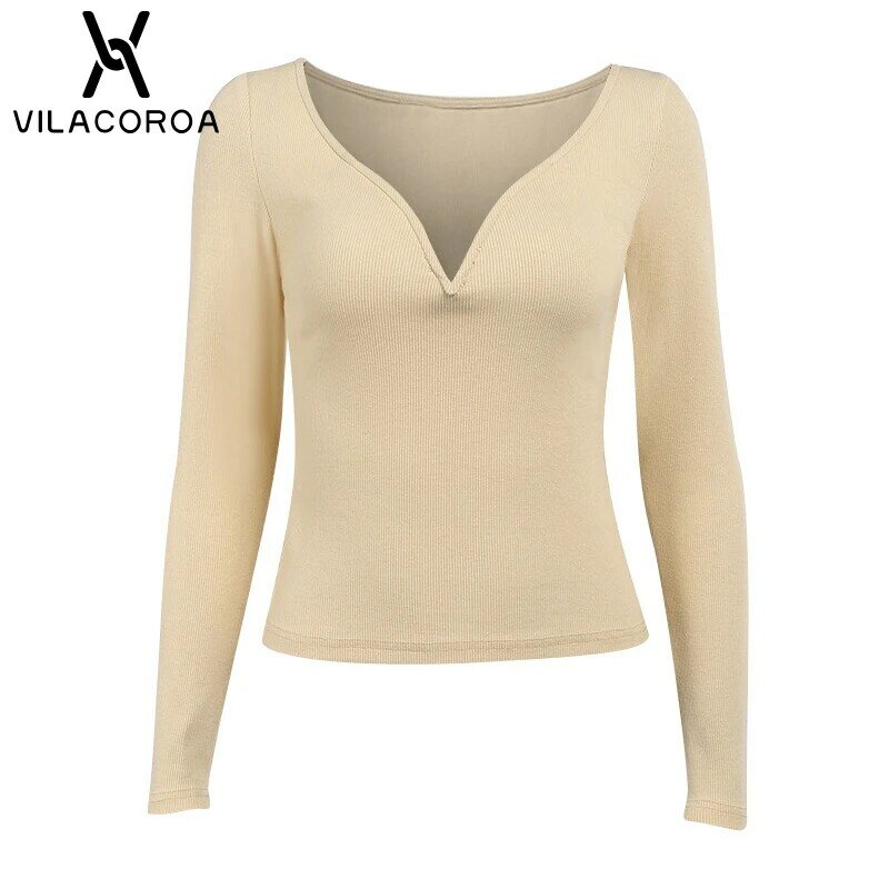 Solid Color Deep V-Neck Long-Sleeve T-Shirt Female Sexy Skinny Cropped Tops Elegant Tee-Shirt Base Women Cotton Tshirt Mujer