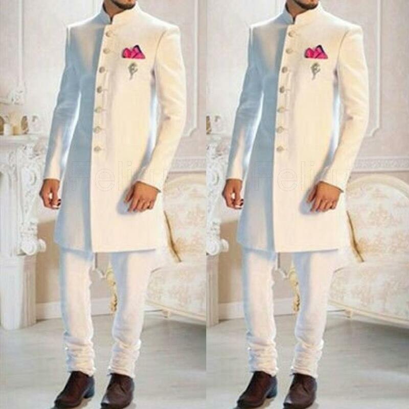 Witte Mannen Pak Elegante Luxe Etnische Indiase Smoking Bruidegom Pakken Voor Mannen Bruiloft Pyjama Kerst Kostuums 2 Stuks Lange jas & Broek