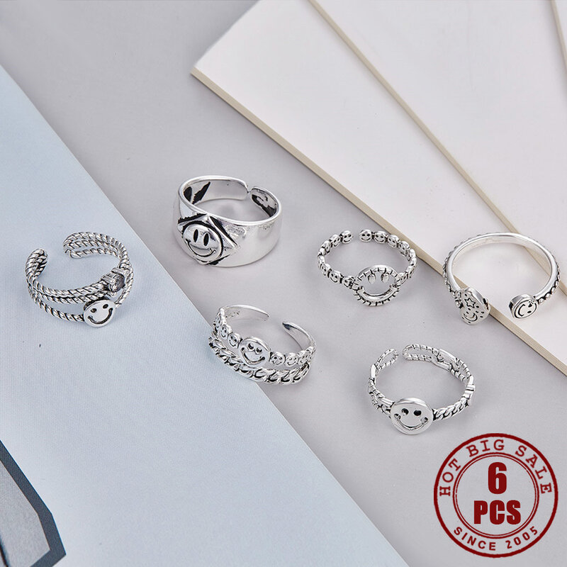6 Pcs Classic Smiley Rings For Men Women Vintage Silver Color Heart Opening Female Ring Fashion Hip Hop Men Jewelry Accessories