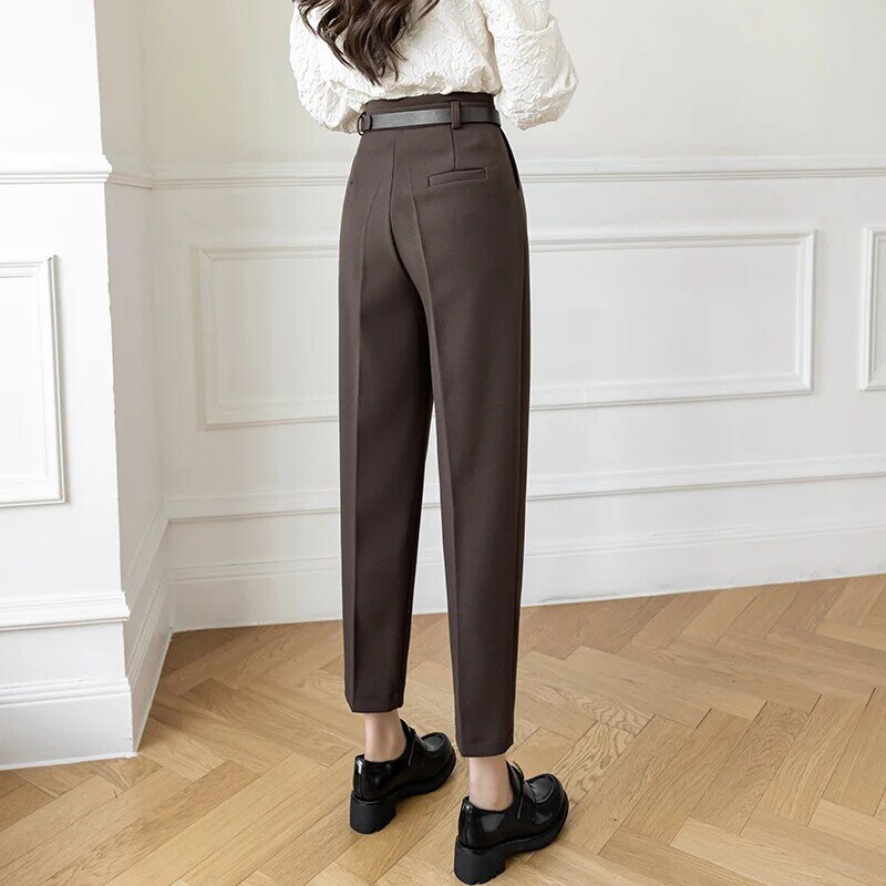 Woolen harem calças outono inverno 2021 novo vintage feminino de cintura alta em linha reta nove pontos terno casual calças de pé 806g