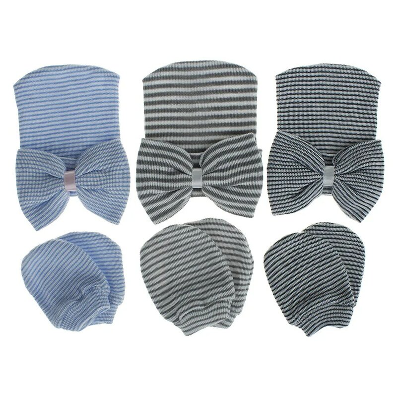 Conjunto de dos piezas de gorro y guantes cálidos a rayas para niños, bonitos lazos de ganchillo, gorros de bebé, sombreros, ropa de decoración