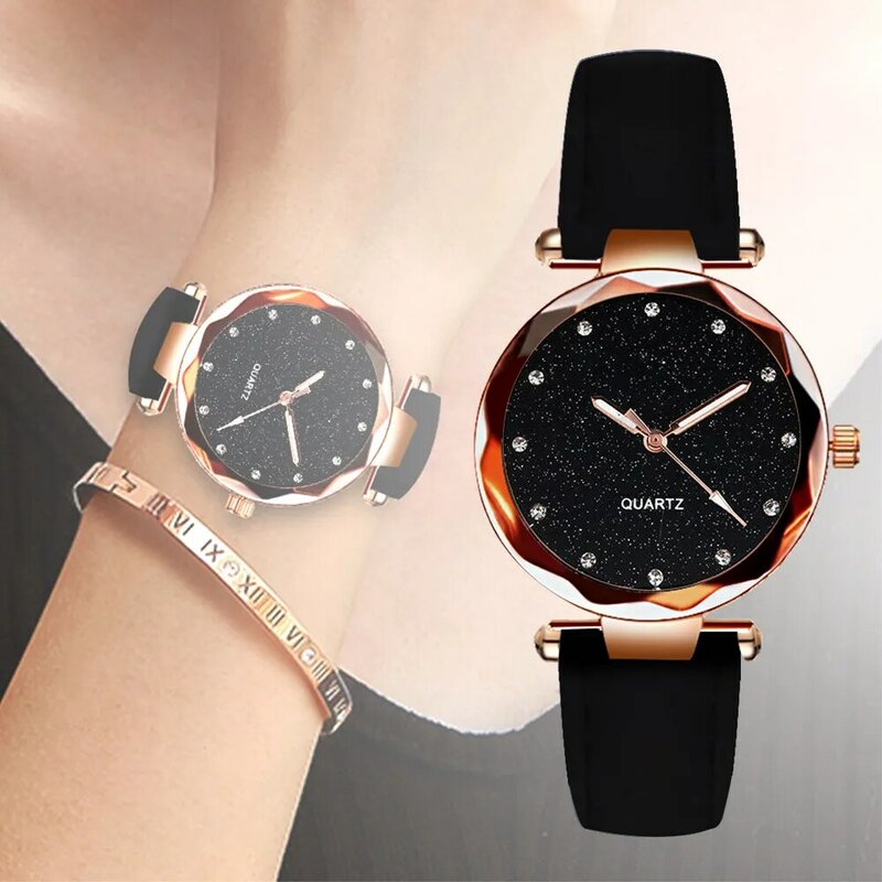 Relógio de pulso feminino fundo estrelado, relógio de pulso romântico couro strass designer para mulheres vestido simples relógios gfit montre femme * a