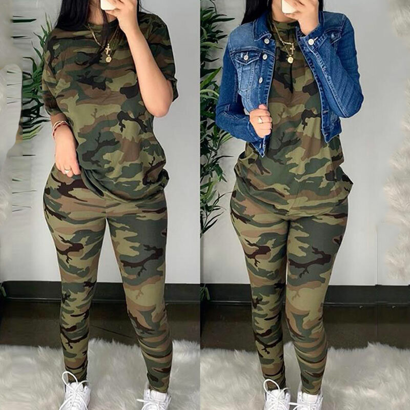 Two Piece Suit Sets Fashion Women Casual Sport Wear Round Neck Camouflage Half Sleeve Top & Pocket Design Fitted Pants Set