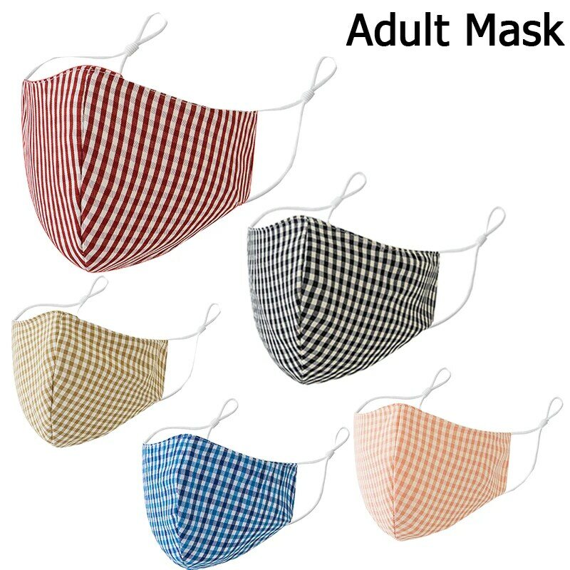 Máscara de algodão lavável xadrez impresso máscara protetora ajustável máscara de boca reusável unisex
