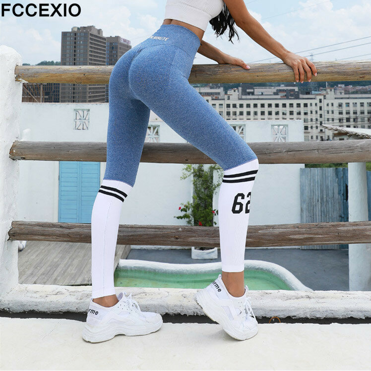 FCCEXIO Sexy Tights Leggings Women Letter Pants High Waist Sportswear Squat Hip-lift Fitness Women's Sports Pants Fashion Casual